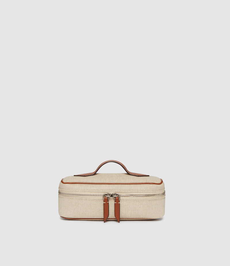 One Day Toiletry Bag Natural Linen with Cognac
