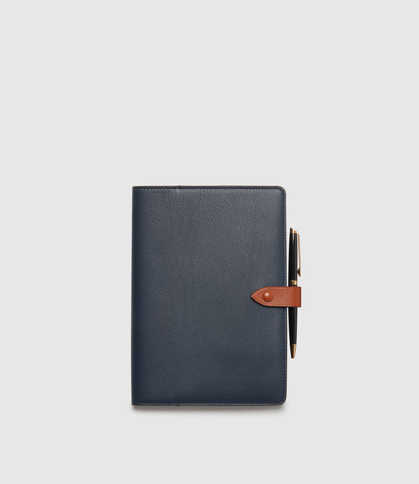 Air Mail x Métier A5 Notebook Cover Smooth Calfskin Navy with Buffalo Cognac