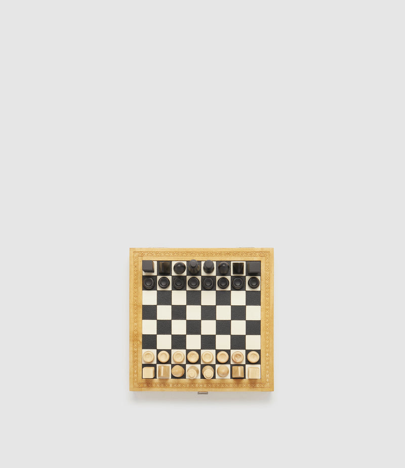 Travel Chess and Backgammon Set in Buffalo and Smooth Calfskin Leather, Olive and Ebony Wood