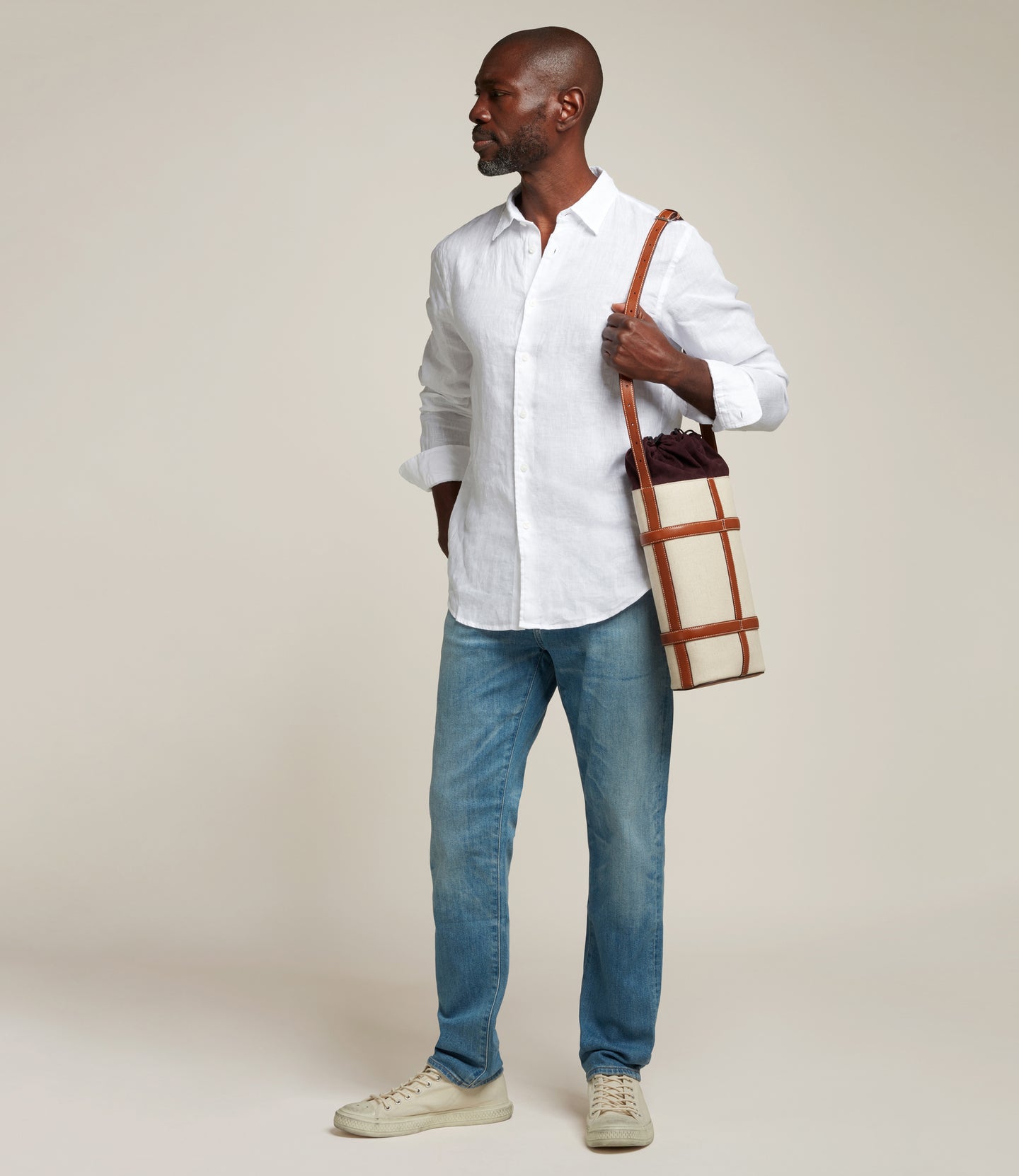 Double Wine Carrier Natural Linen with Cognac