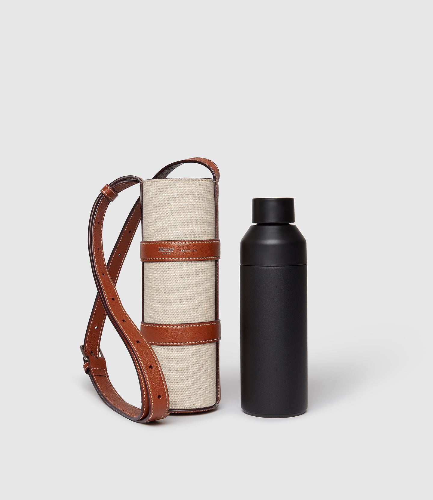 Water Bottle Holder Natural Linen with Cognac